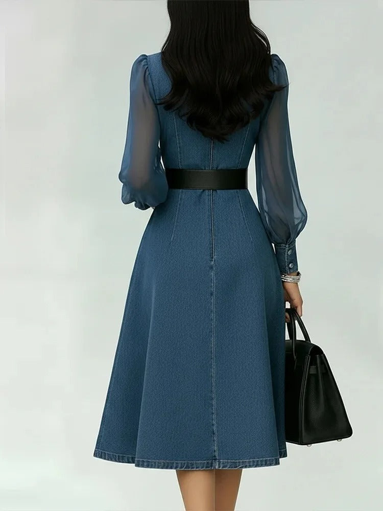 Elena | Vestido Midi Vaquero con Mangas de Tul y Cinturón Negro