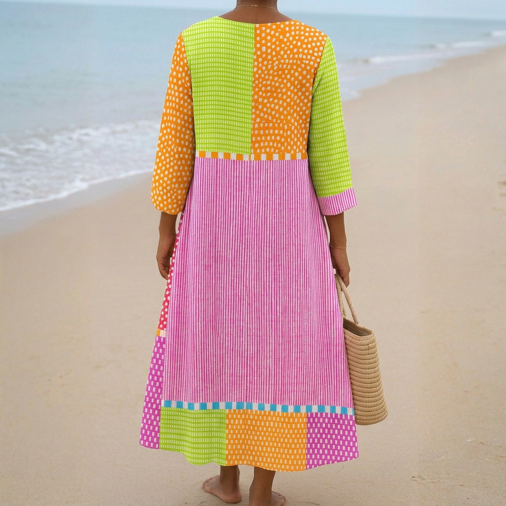 Isabel - Vestido de Patchwork Colorido con Bolitas y Rayas
