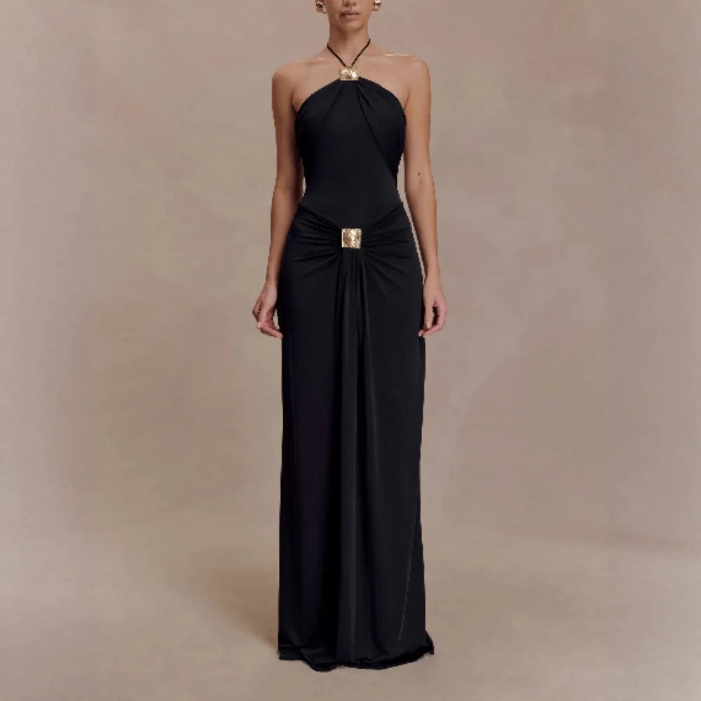 Sofía | Vestido Maxi Bandeau con Drapeado y Detalle Dorado