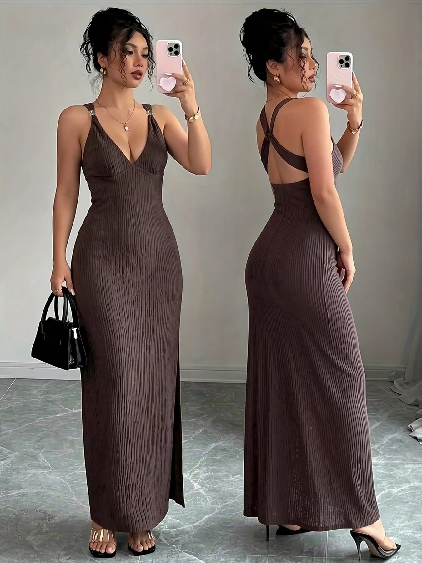 Lucía | Vestido Maxi Ajustado en Marrón con Espalda Abierta y Escote en V