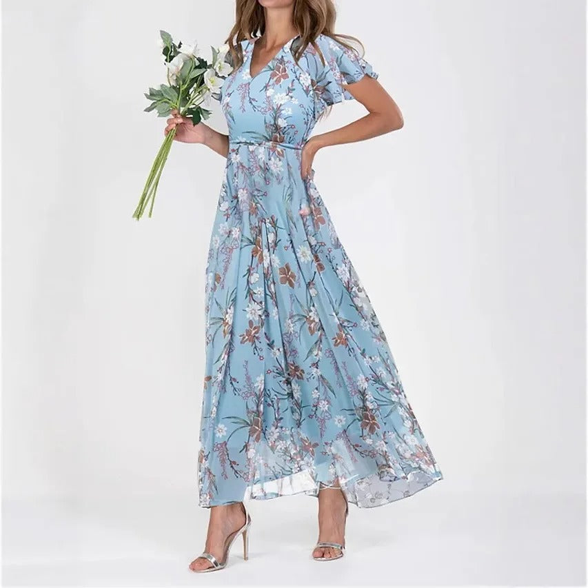 Nerea | Vestido Maxi Cruzado de Gasa con Estampado Floral y Manga con Volante