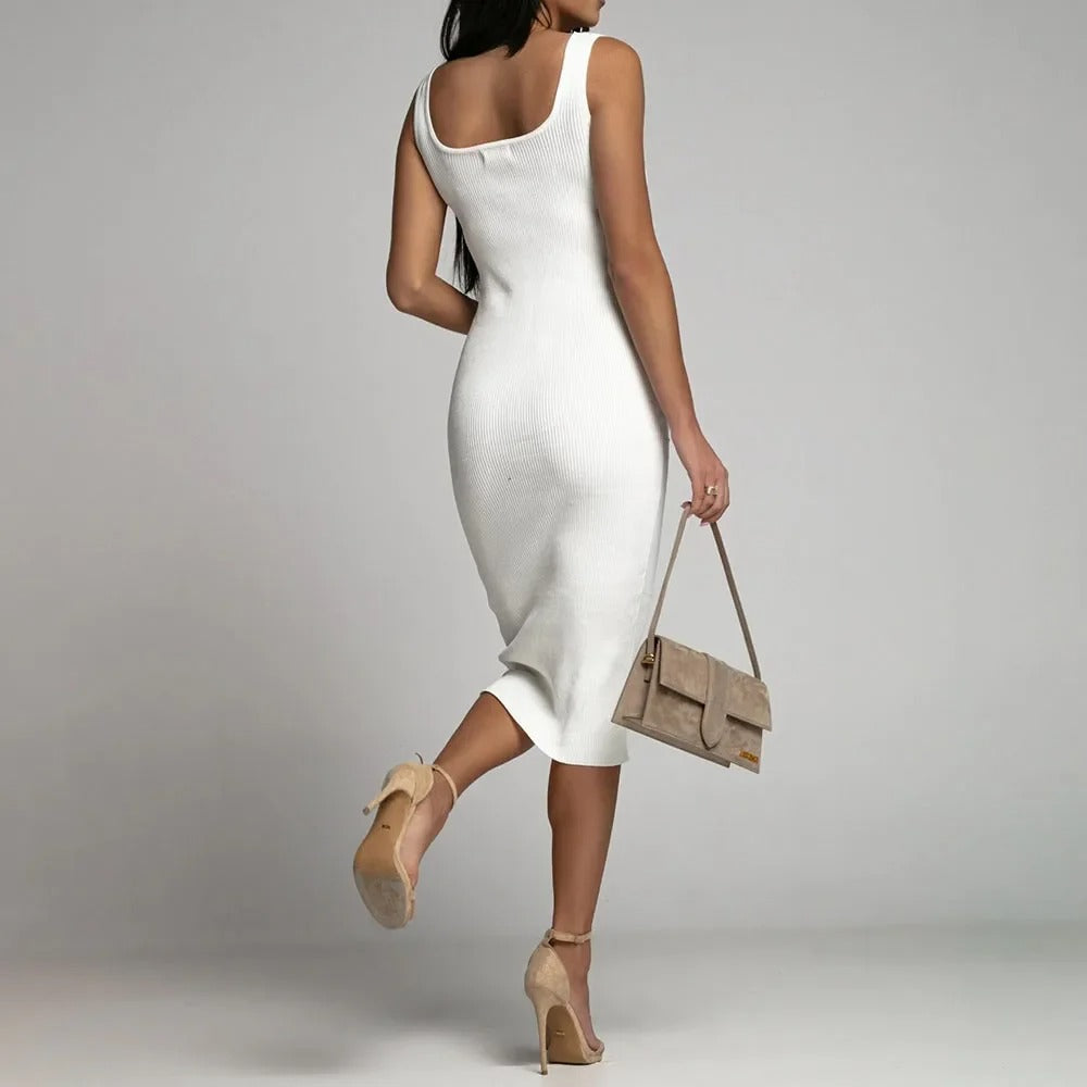 Elena | Vestido Midi Ajustado en Tejido Acanalado con Escote Recto