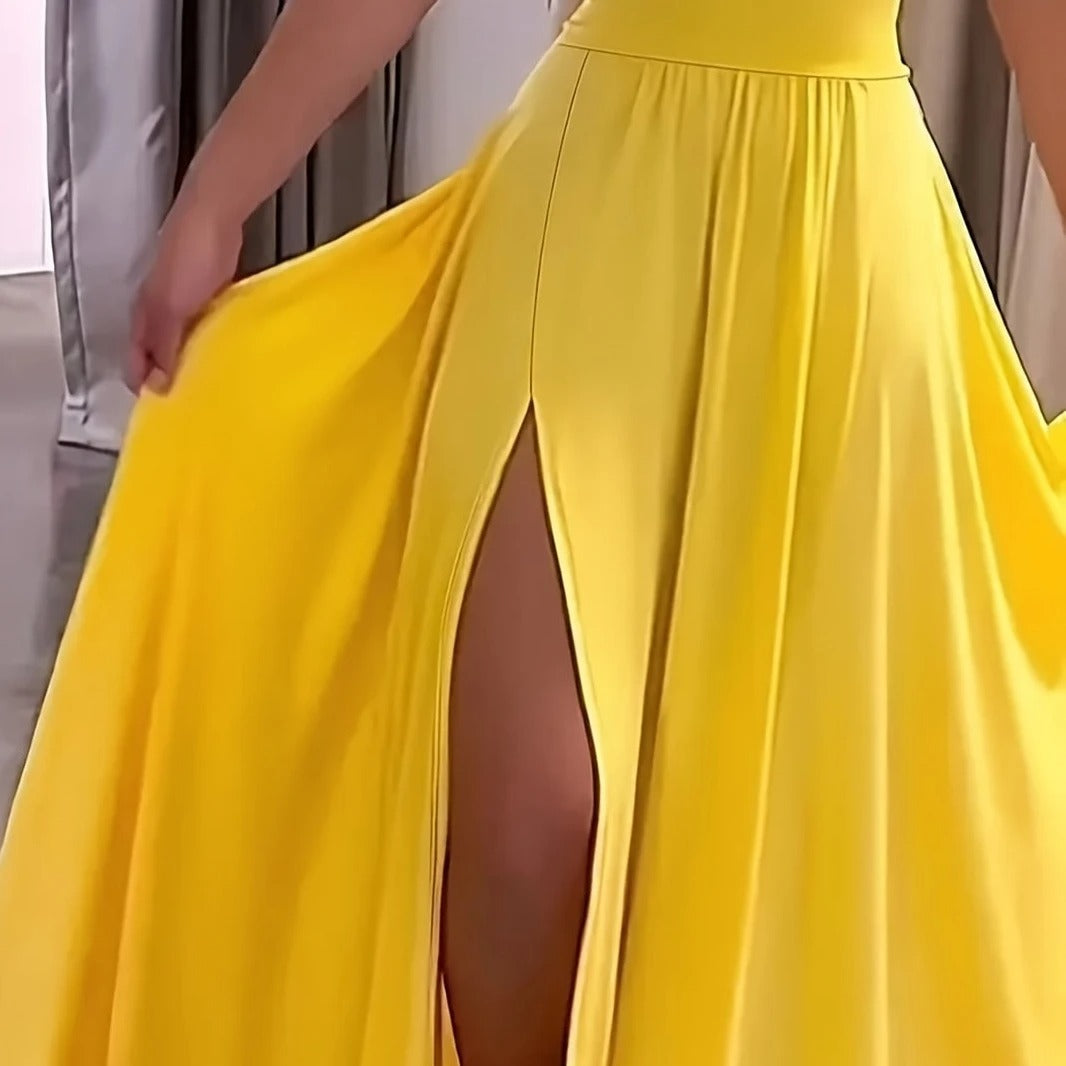 Elena | Vestido Maxi de Tirantes en Amarillo con Escote en V y Abertura Lateral