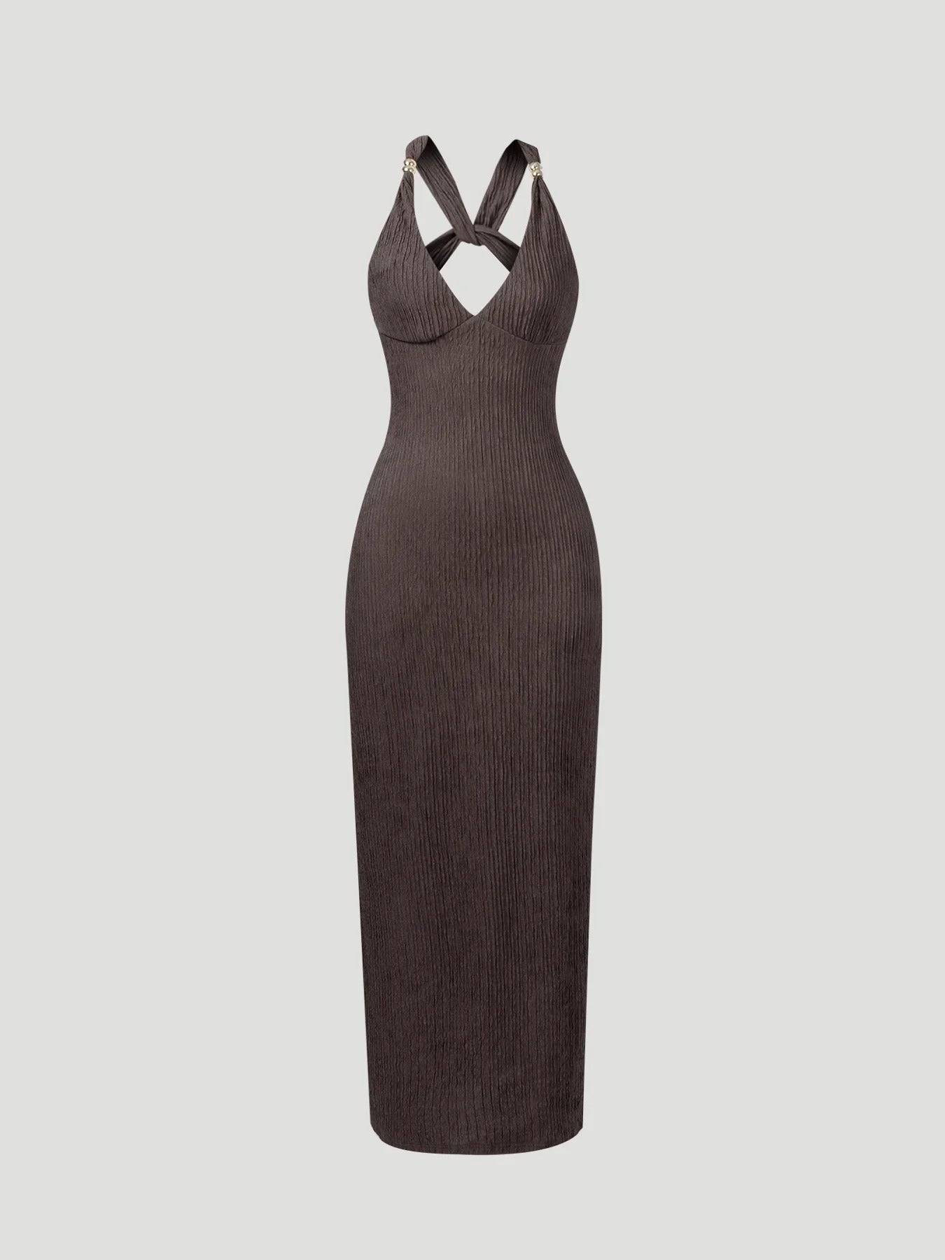 Lucía | Vestido Maxi Ajustado en Marrón con Espalda Abierta y Escote en V