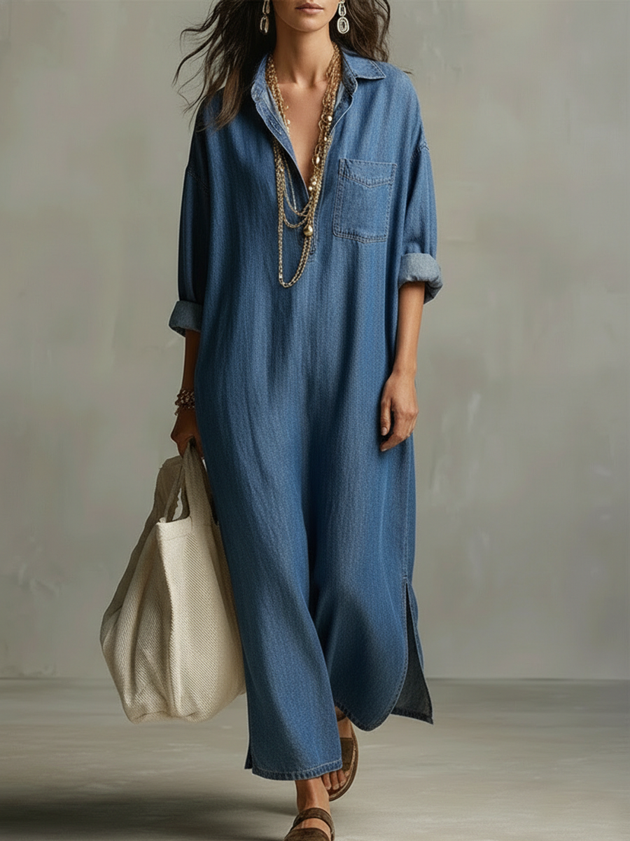 Valeria | Jumpsuit Maxi Oversized con Cuello Camisero y Tejido Vaquero