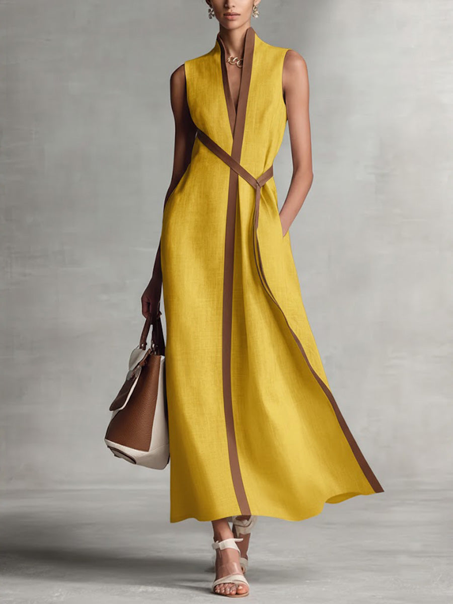 Lucía | Vestido Maxi sin Mangas con Vivos en Camel y Escote V Cruzado