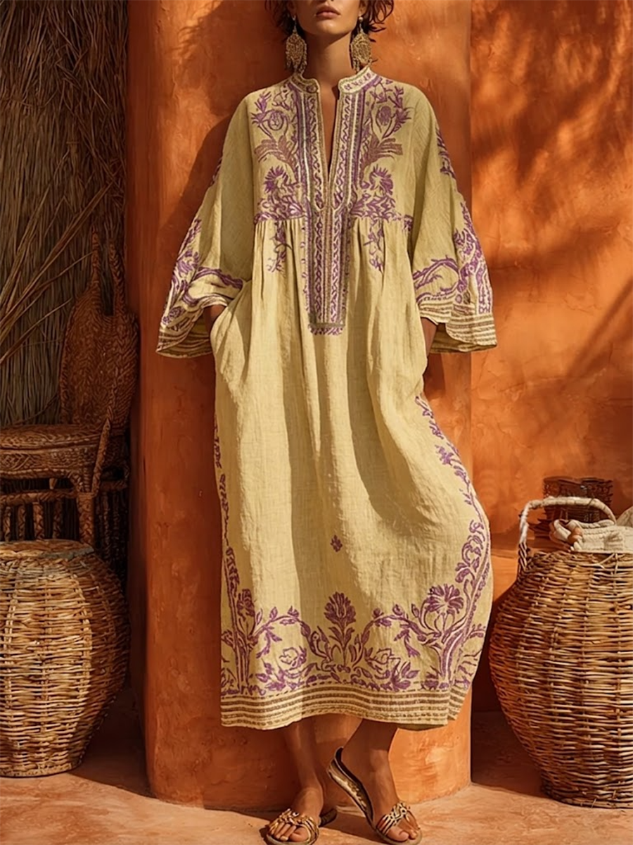Nerea | Vestido Túnica Midi de Lino con Bordados Florales y Manga Larga