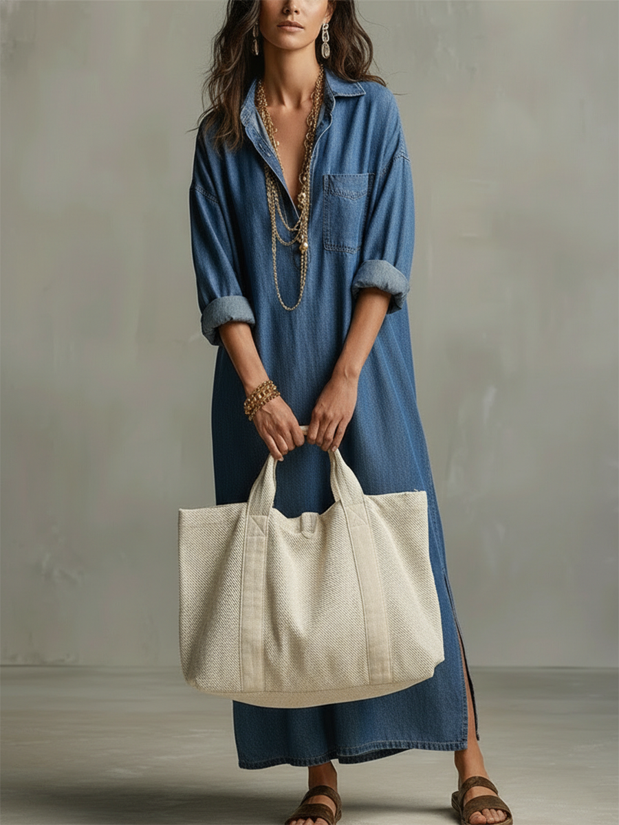 Valeria | Jumpsuit Maxi Oversized con Cuello Camisero y Tejido Vaquero