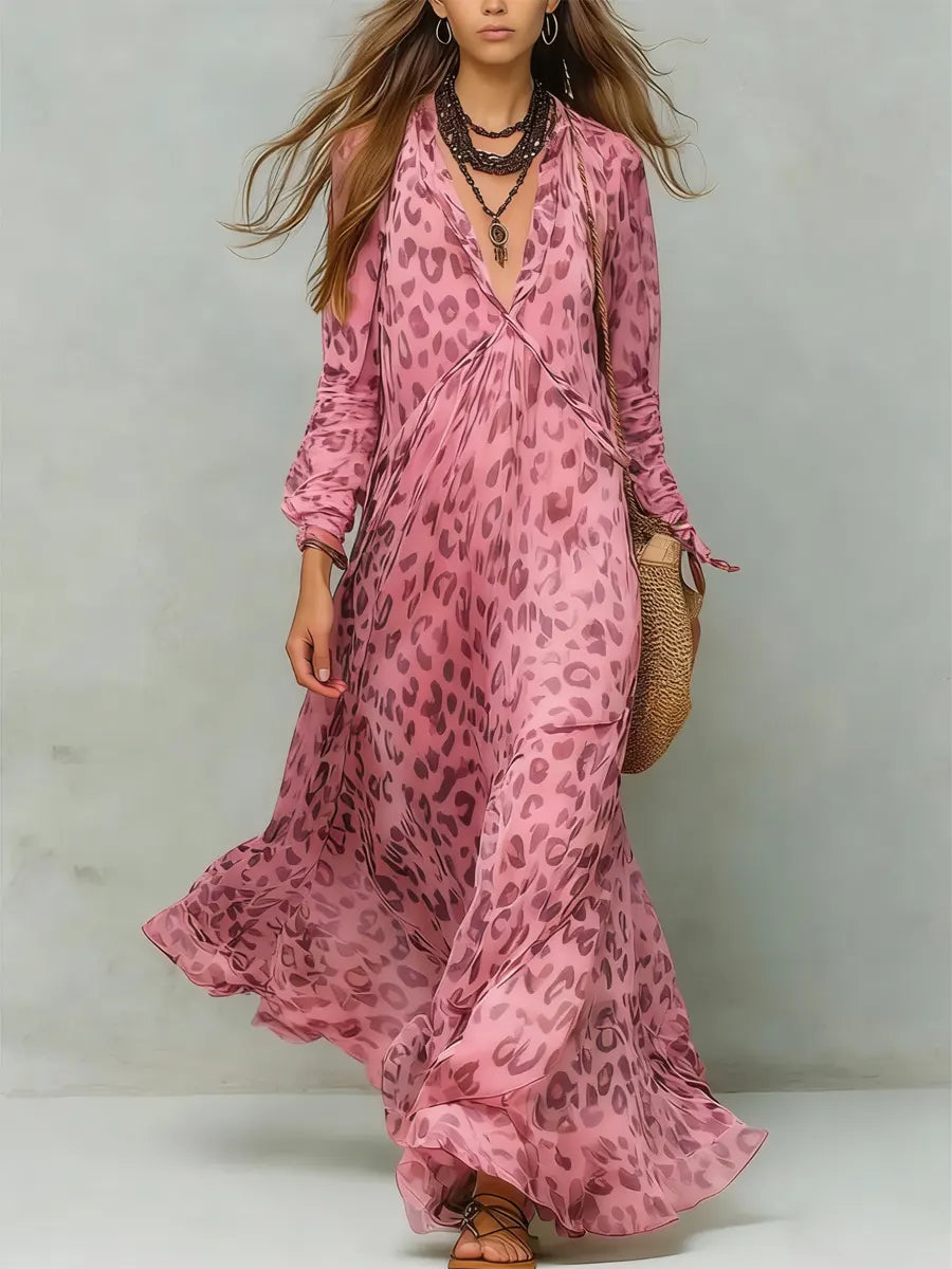 Carmen | Vestido Maxi Fluido con Estampado Animal Print y Escote V Profundo