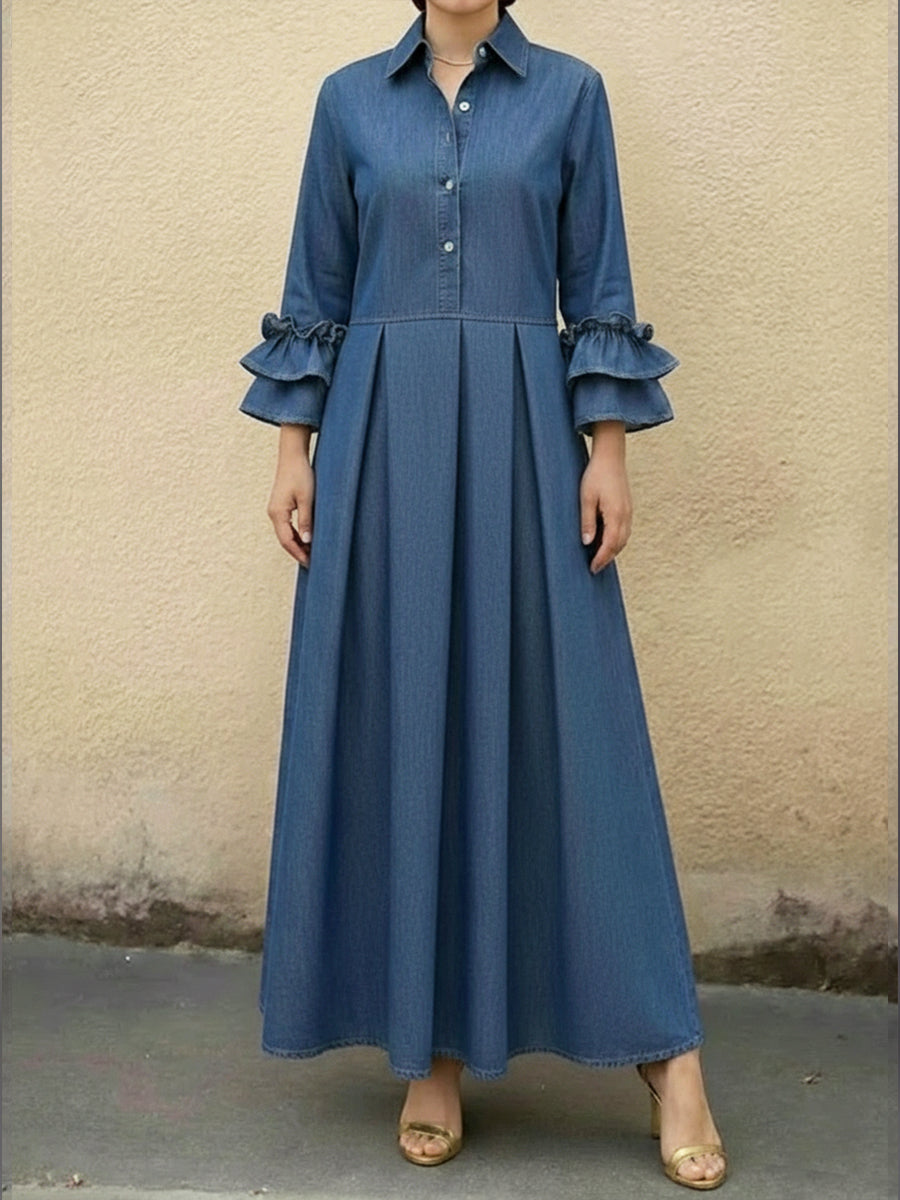 Lucía | Vestido Maxi Camisero con Manga Bufante y Falda Plisada