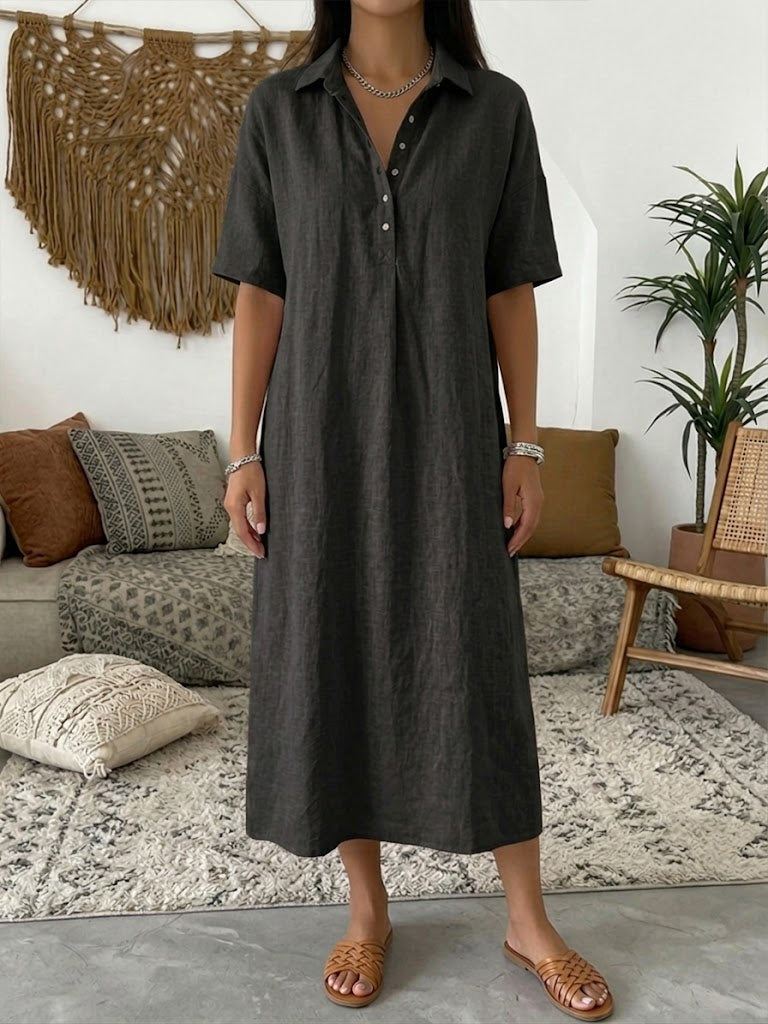 Carmen | Vestido Maxi Camisero de Lino con Manga Corta y Botonadura Frontal