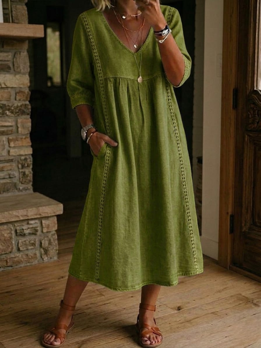 Elena | Vestido Midi de Lino con Escote V y Manga Tres Cuartos en Corte Trapecio