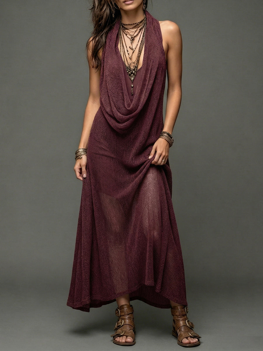 Valeria | Vestido Maxi Drapeado con Escote Halter y Cordones Cruzados