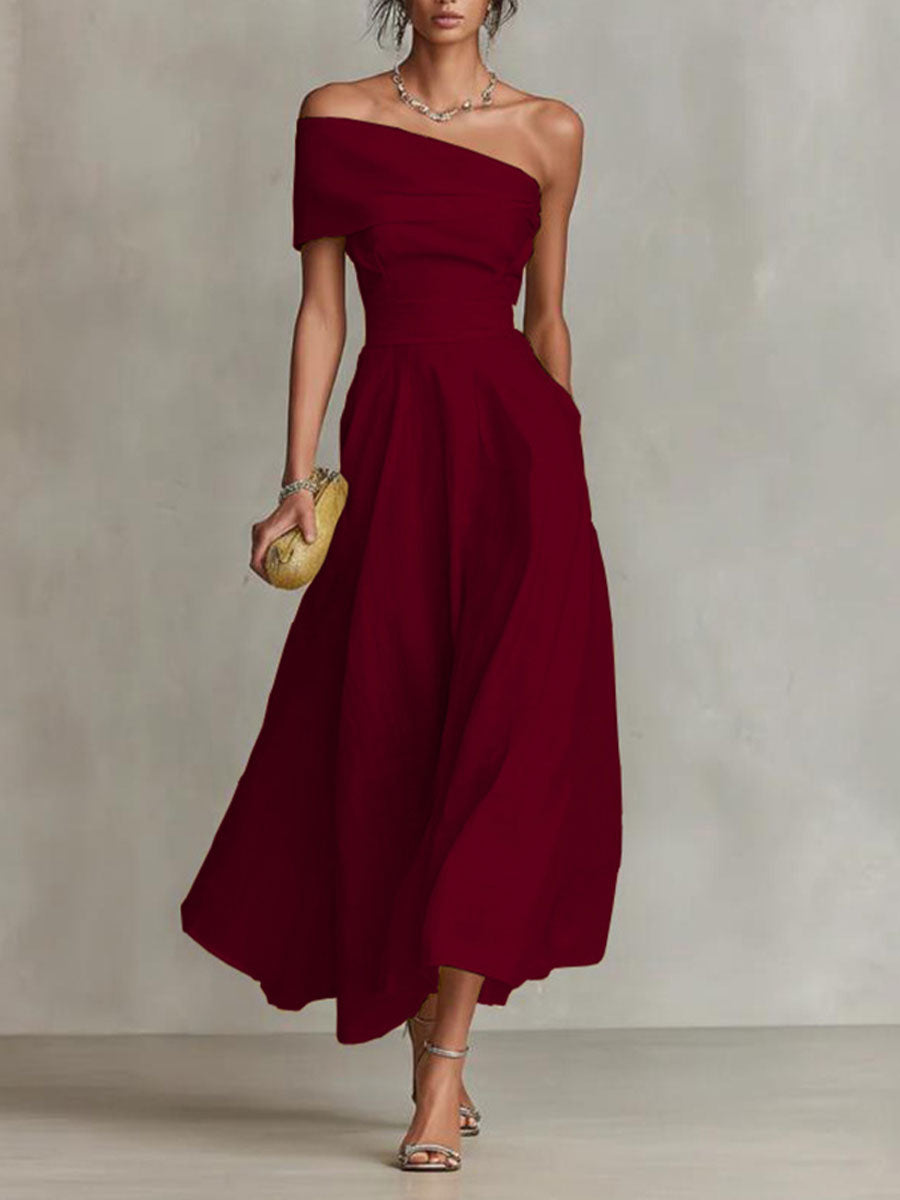 Nerea | Vestido Midi Off-Shoulder con Falda Evasé y Drapeado
