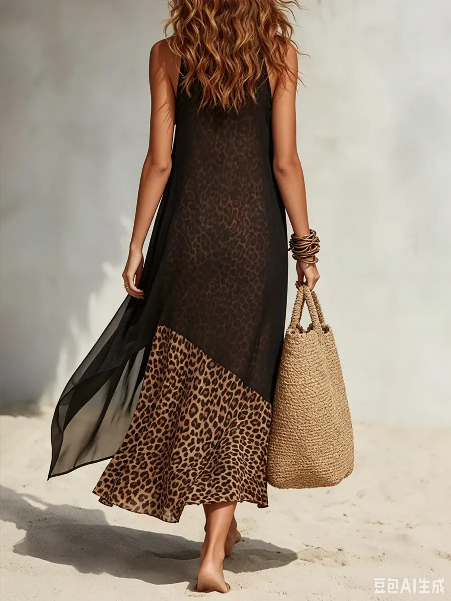 Elena | Vestido Maxi con Sobreposición en Chiffon Negro y Forro Animal Print