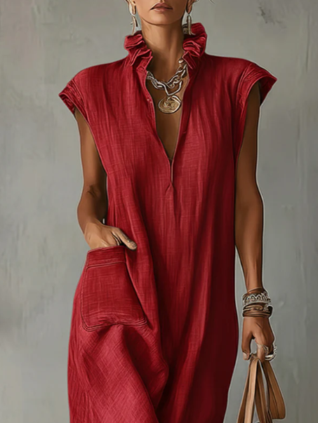 Nerea | Vestido Midi de Lino sin Mangas con Cuello Camisero y Bajo Asimétrico