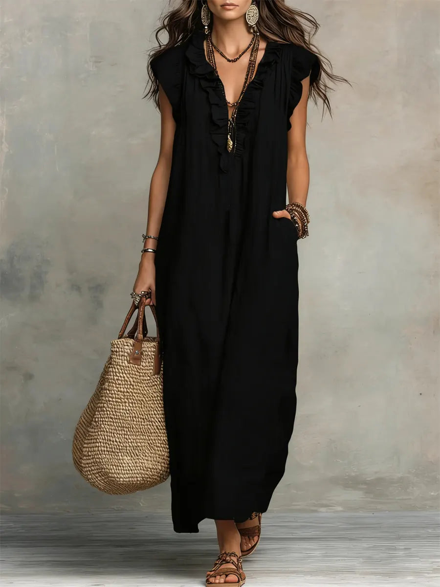 Valeria | Vestido Maxi Camisero de Lino con Manga con Volante y Escote V con Lazo