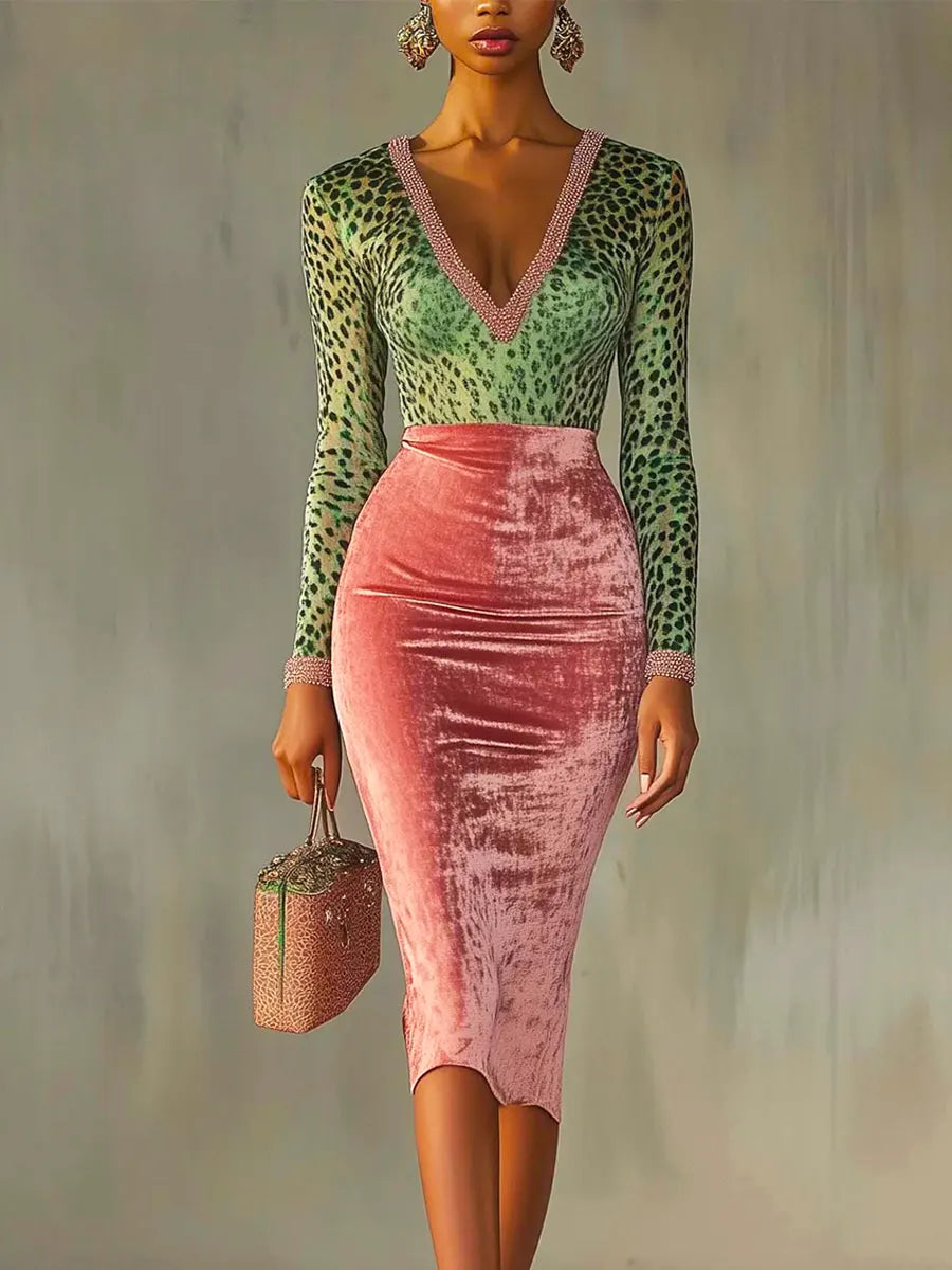 Adriana | Conjunto Midi Bicolor con Top Animal Print y Falda de Terciopelo