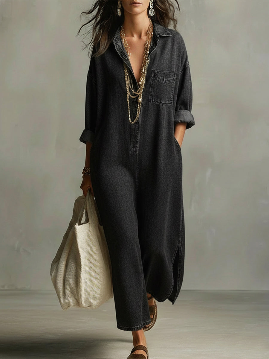 Valeria | Jumpsuit Maxi Oversized con Cuello Camisero y Tejido Vaquero