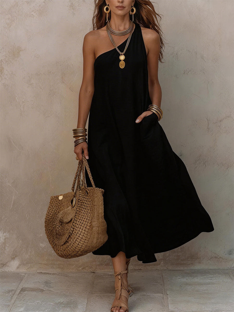 Sofía | Vestido Midi de Lino One-Shoulder con Bolsillos