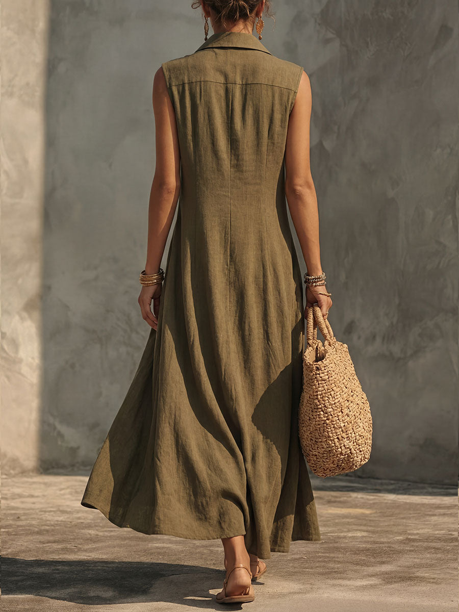 Valeria | Vestido Maxi de Lino Sin Mangas con Cuello Camisero