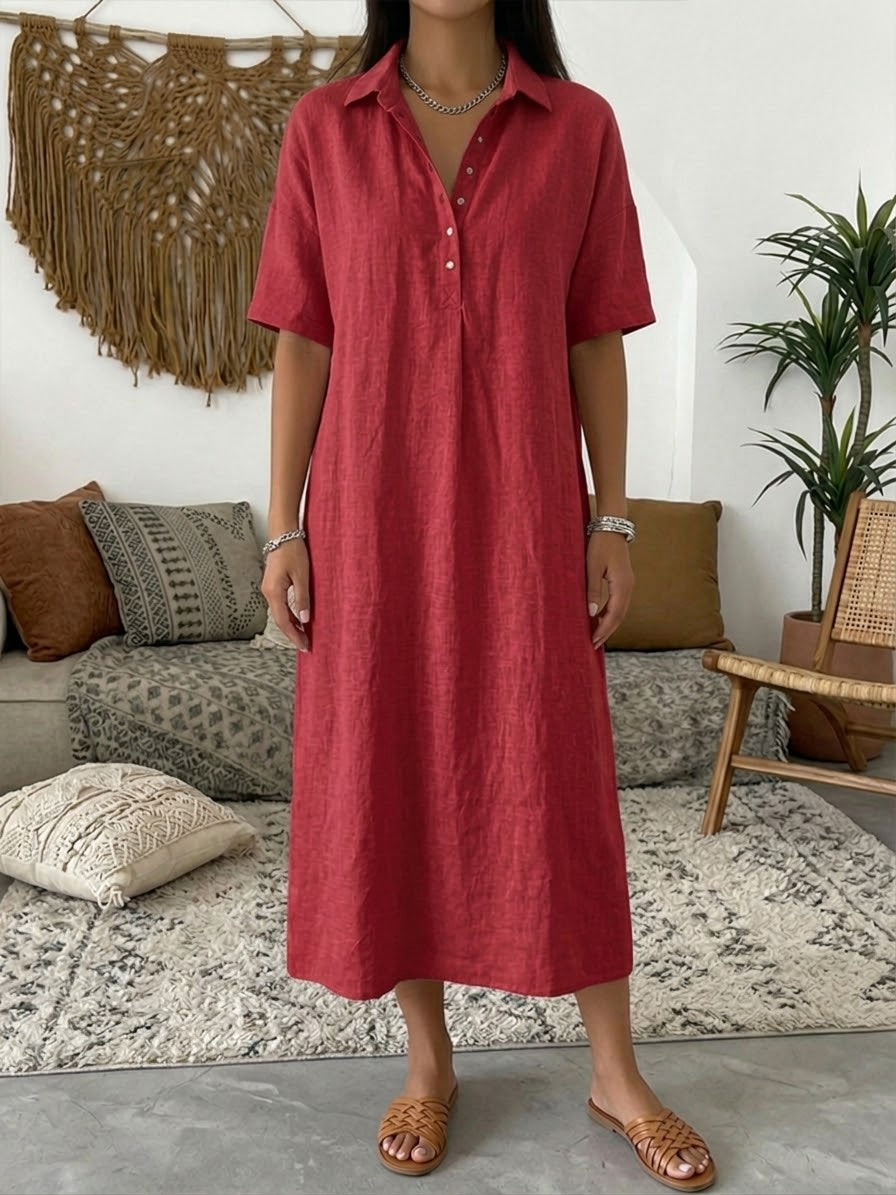 Carmen | Vestido Maxi Camisero de Lino con Manga Corta y Botonadura Frontal