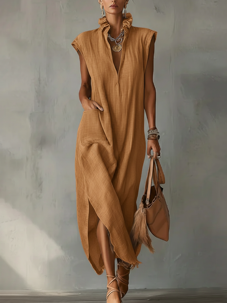 Nerea | Vestido Midi de Lino sin Mangas con Cuello Camisero y Bajo Asimétrico