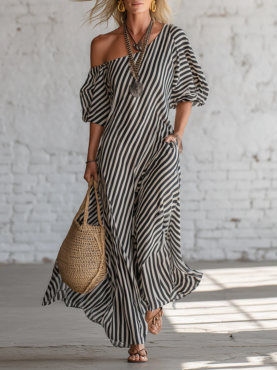 Sofía | Vestido Maxi Off-Shoulder con Estampado de Lunares y Manga Amplia