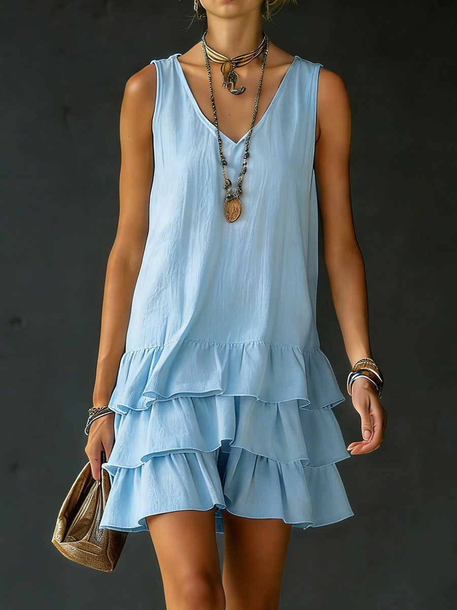 Isabel | Vestido Mini de Lino con Capas Superpuestas y Volantes sin Mangas