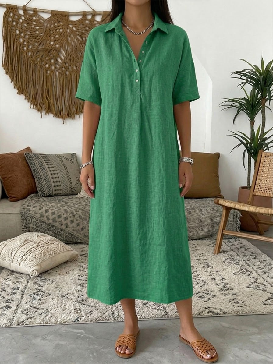 Carmen | Vestido Maxi Camisero de Lino con Manga Corta y Botonadura Frontal