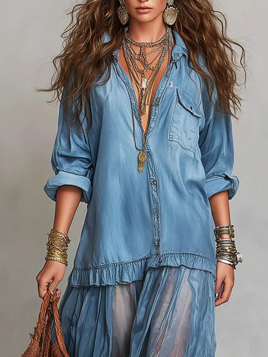 Sofía | Vestido Maxi Boho con Falda por Capas y Escote V con Botones