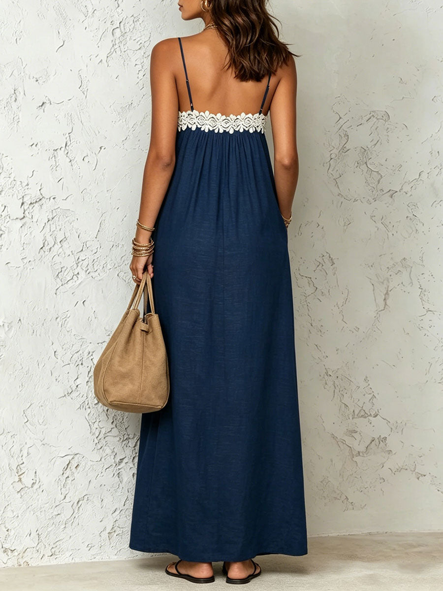 Elena | Vestido Maxi de Tirantes con Detalle en Encaje y Bolsillos
