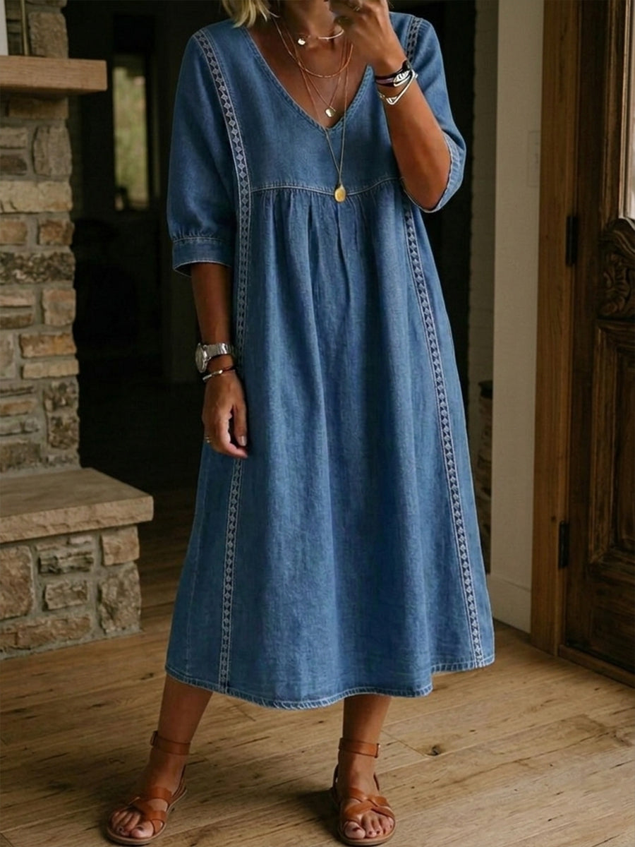 Isabel | Vestido Midi de Lino con Escote V y Corte Trapecio en Azul Denim