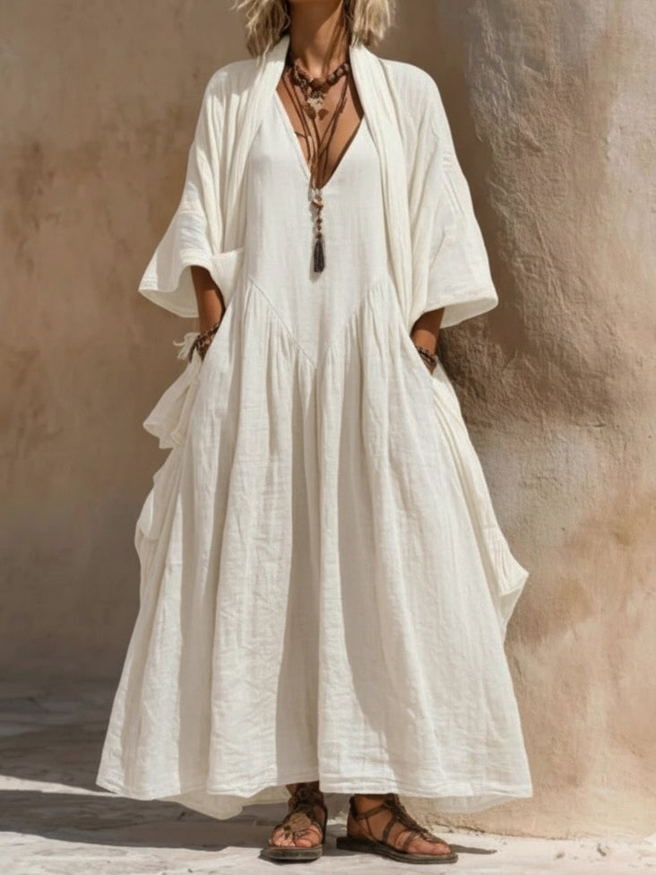 Adriana | Vestido Maxi Oversize de Lino con Manga Amplia y Bolsillos