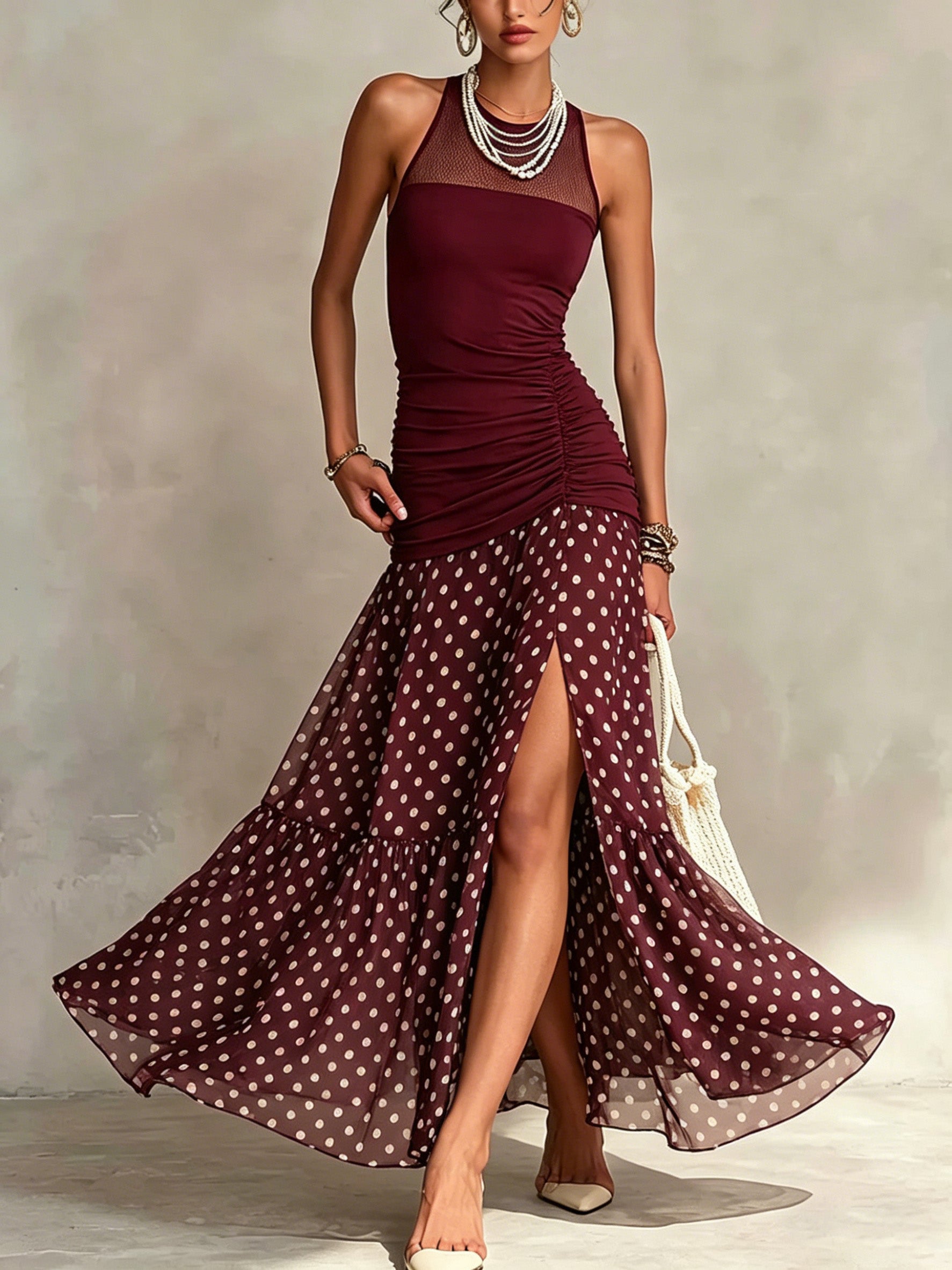 Nerea | Vestido Maxi Halter con Falda de Chiffon en Lunares y Abertura Lateral