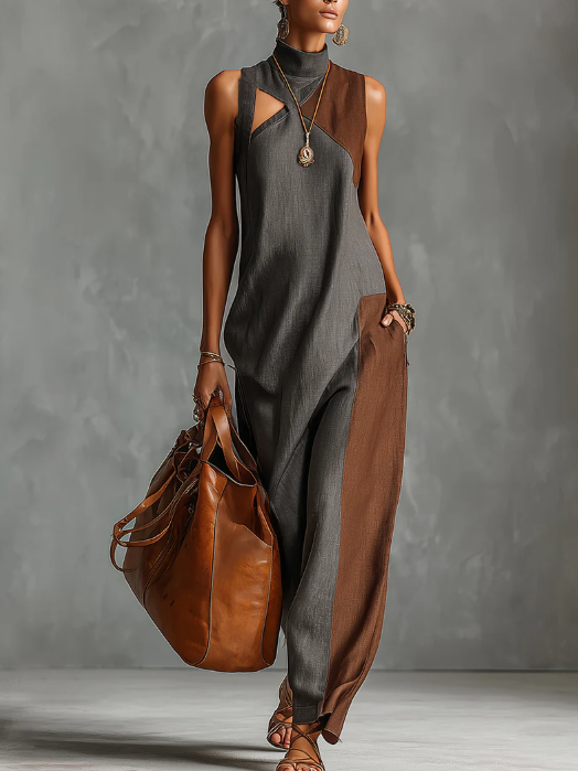 Elena | Vestido Maxi de Lino Sin Mangas con Cuello Alto y Abertura Lateral