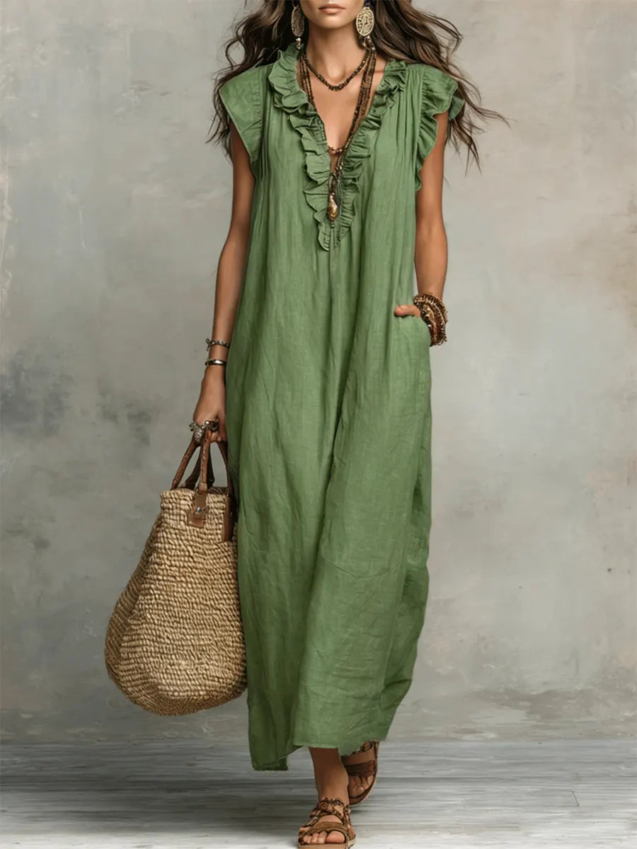 Valeria | Vestido Maxi Camisero de Lino con Manga con Volante y Escote V con Lazo