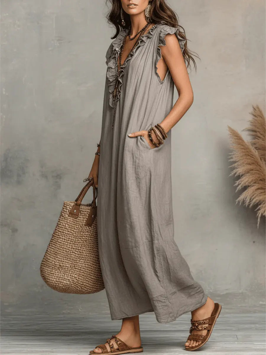 Valeria | Vestido Maxi Camisero de Lino con Manga con Volante y Escote V con Lazo