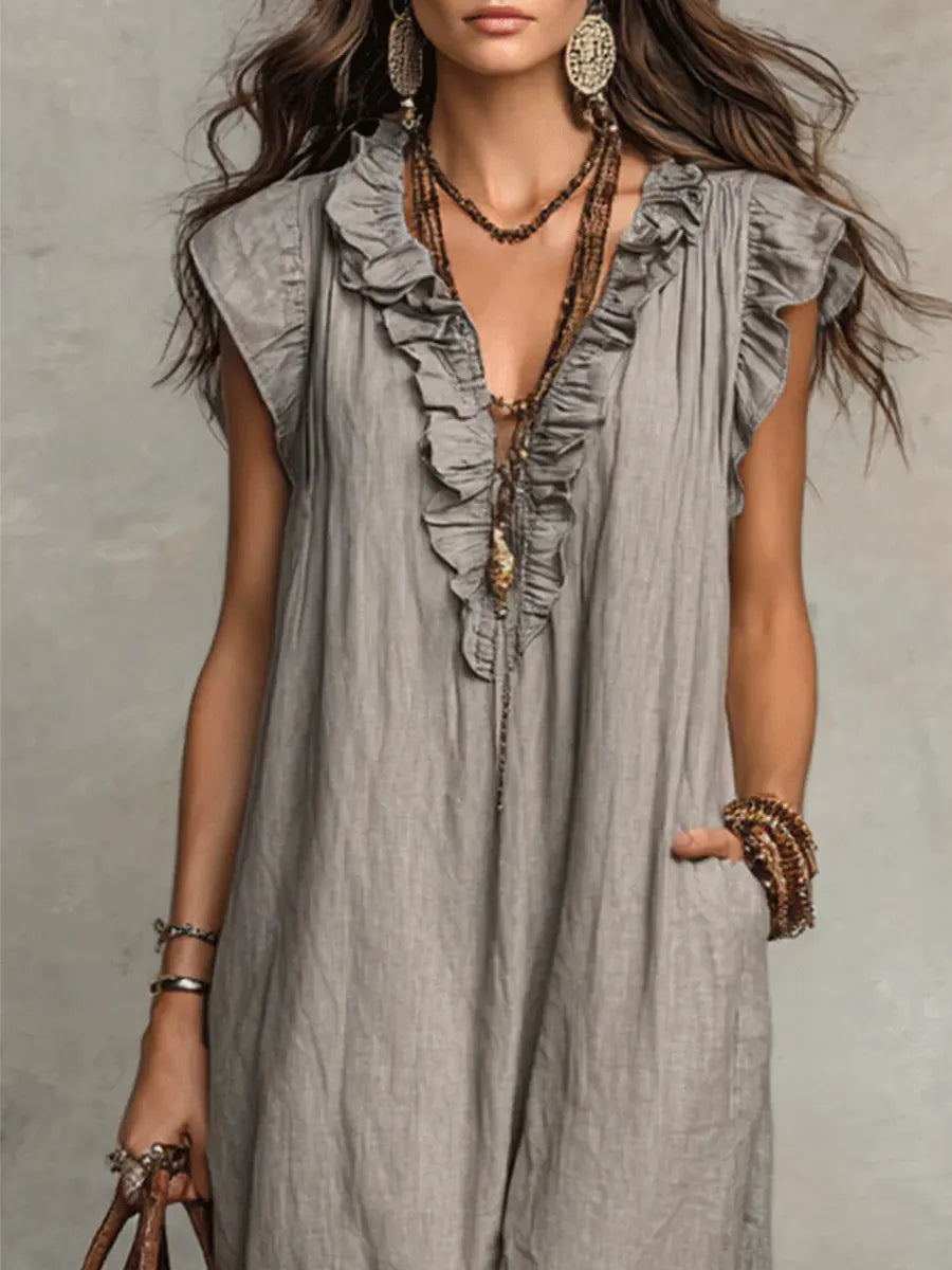 Valeria | Vestido Maxi Camisero de Lino con Manga con Volante y Escote V con Lazo