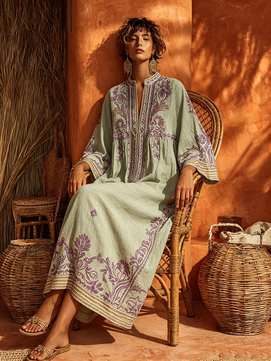 Nerea | Vestido Túnica Midi de Lino con Bordados Florales y Manga Larga