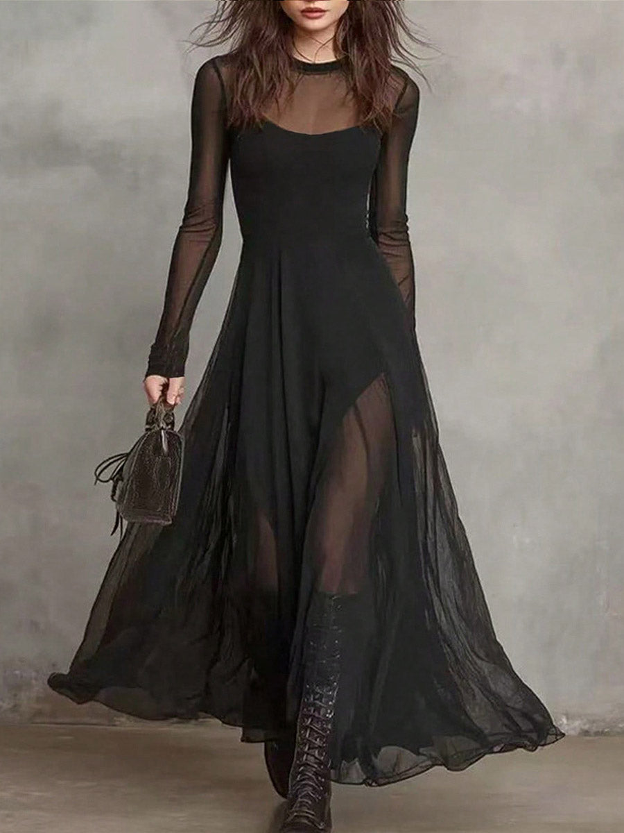 Valeria | Vestido Maxi de Manga Larga con Falda en Chiffon y Abertura Frontal