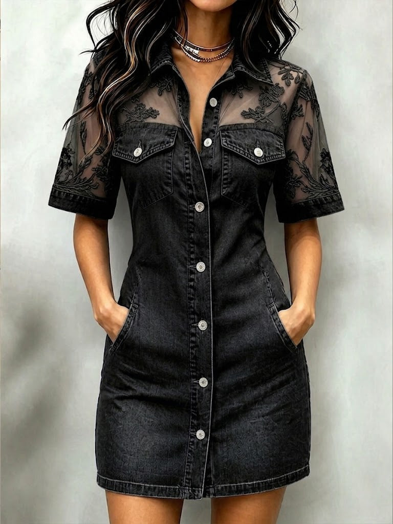 Isabel | Vestido Mini Vaquero con Detalle de Encaje en los Hombros