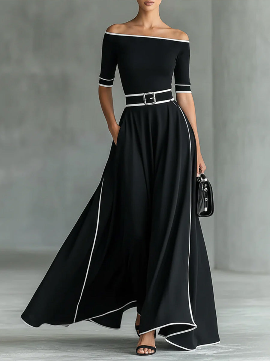 Isabel | Vestido Maxi Off-Shoulder Negro con Cinturón Dorado y Abertura Lateral