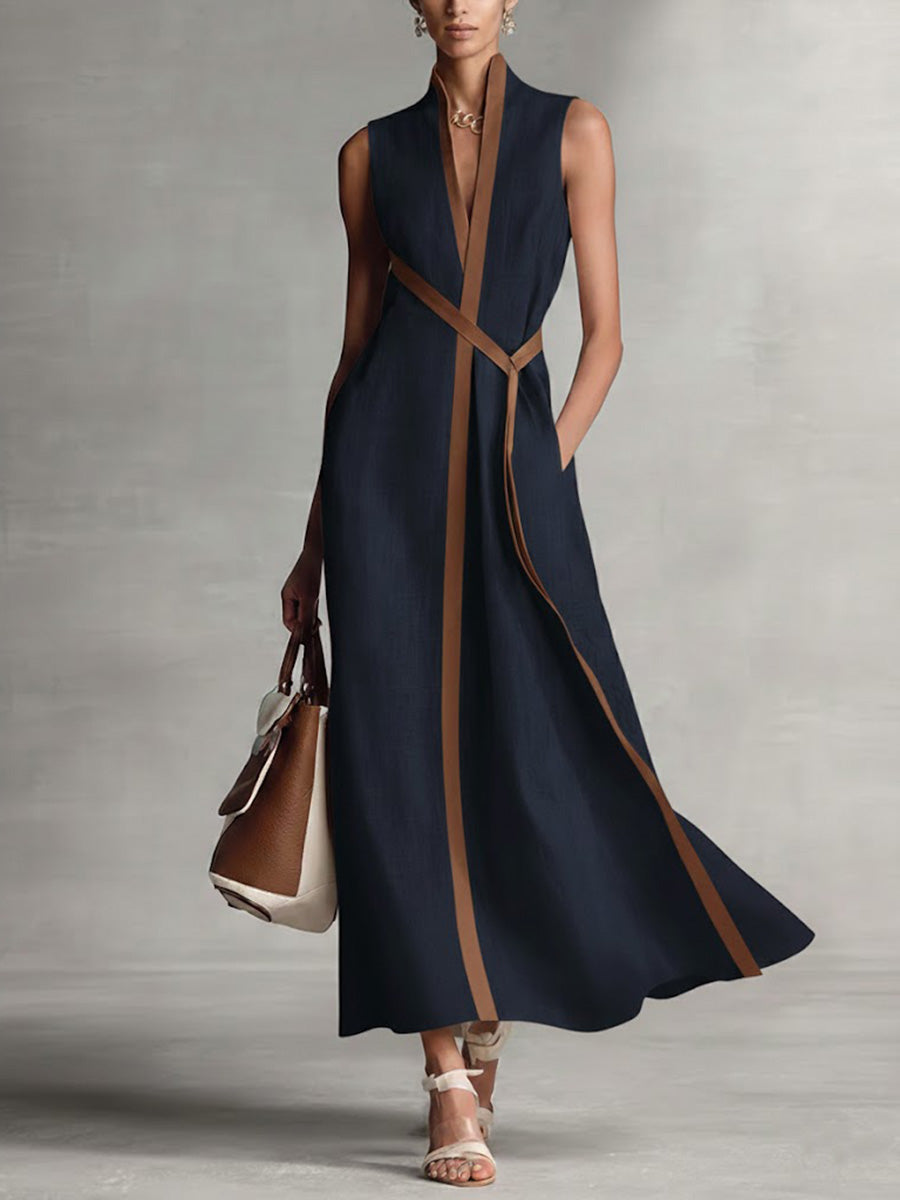Lucía | Vestido Maxi sin Mangas con Vivos en Camel y Escote V Cruzado