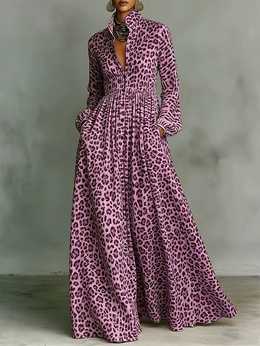 Nerea | Vestido Maxi Camisero de Manga Larga con Falda Amplia y Estampado Animal