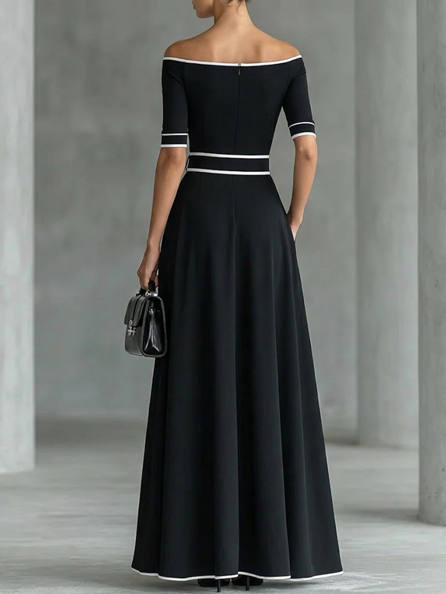 Isabel | Vestido Maxi Off-Shoulder Negro con Cinturón Dorado y Abertura Lateral