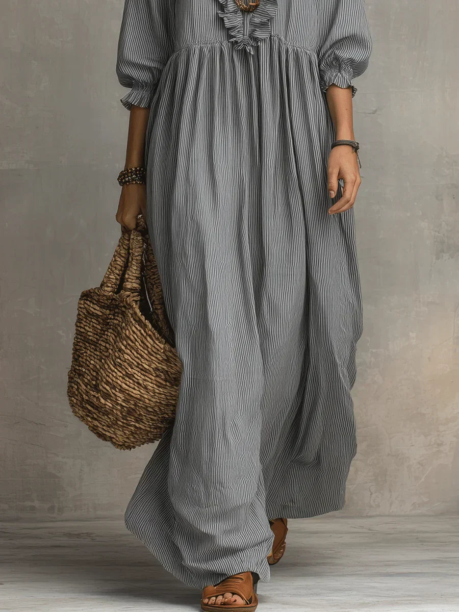 Elena | Vestido Maxi Boho de Lino con Escote V Fruncido y Manga Larga Suelta