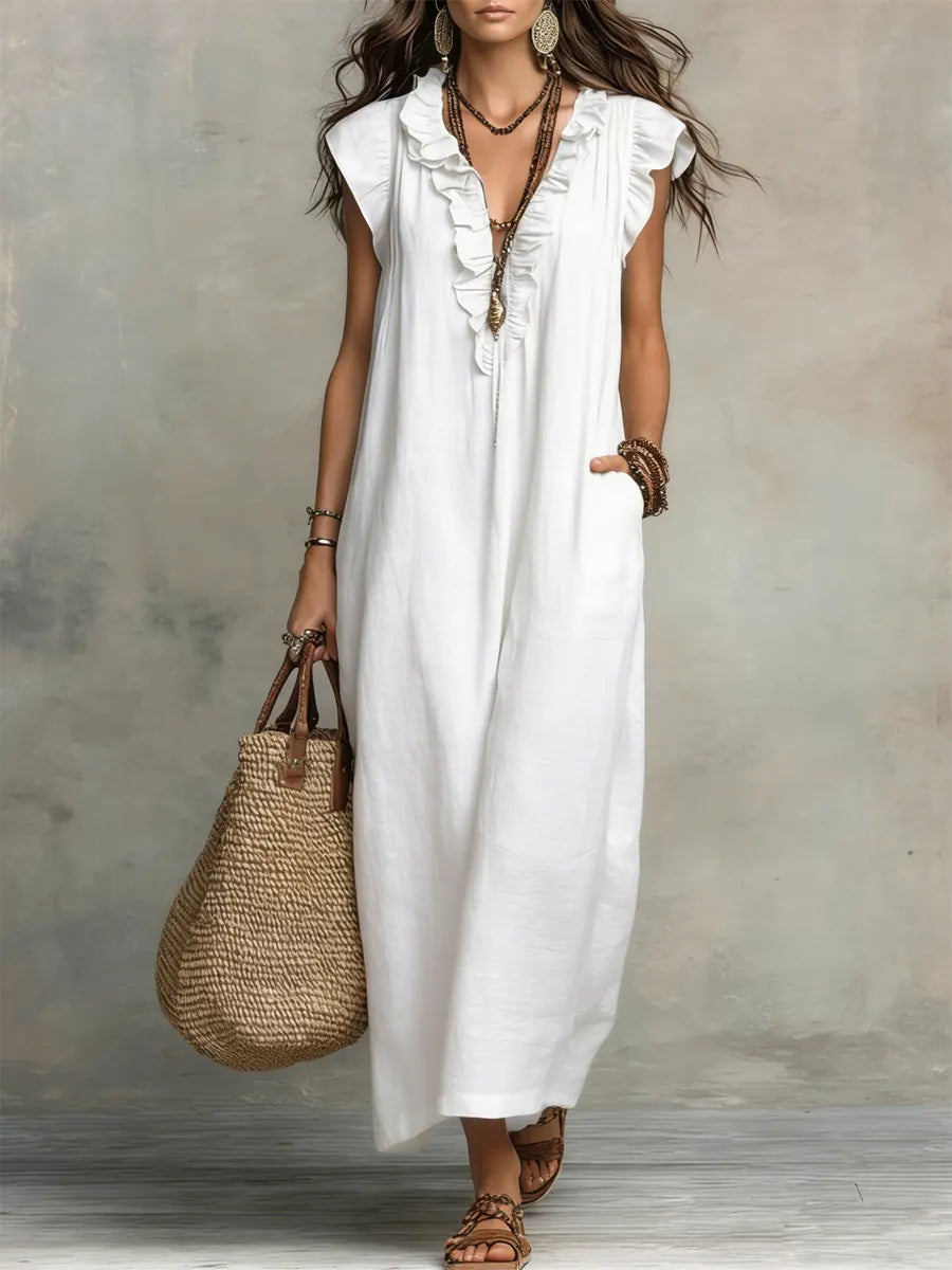 Valeria | Vestido Maxi Camisero de Lino con Manga con Volante y Escote V con Lazo
