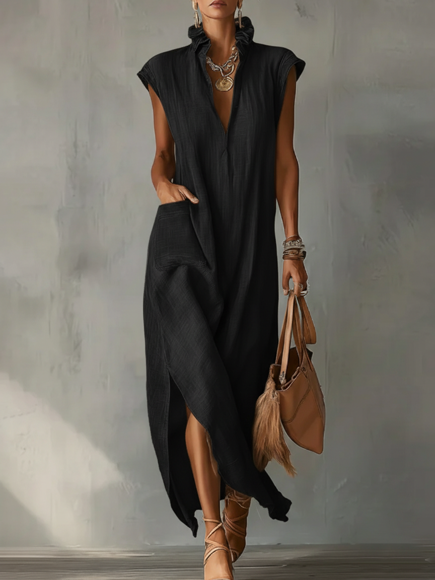 Nerea | Vestido Midi de Lino sin Mangas con Cuello Camisero y Bajo Asimétrico