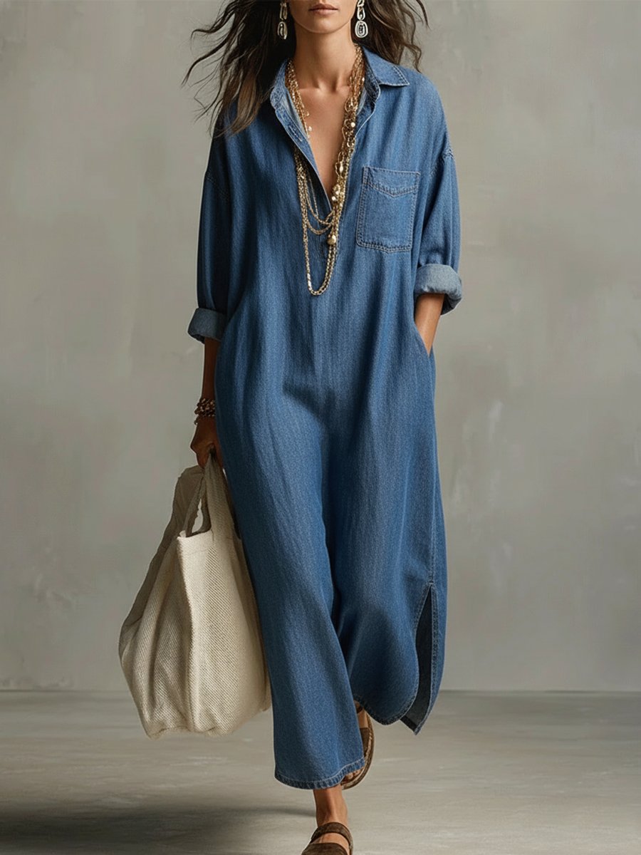 Valeria | Jumpsuit Maxi Oversized con Cuello Camisero y Tejido Vaquero